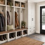 Custom mudroom cabinetry with built-in storage, coat hooks, benches, baskets, and boot cubbies designed for Michigan’s changing seasons.
