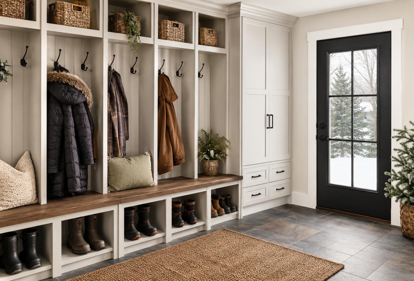 Custom mudroom cabinetry with built-in storage, coat hooks, benches, baskets, and boot cubbies designed for Michigan’s changing seasons.